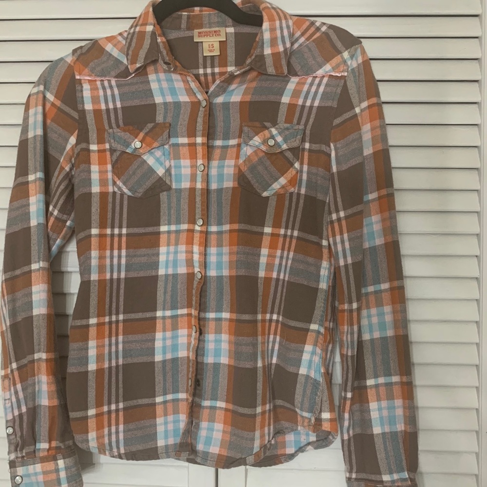 ☕️🤎Brown & Orange🧡 Plaid Flannel Snap shirt-GUC